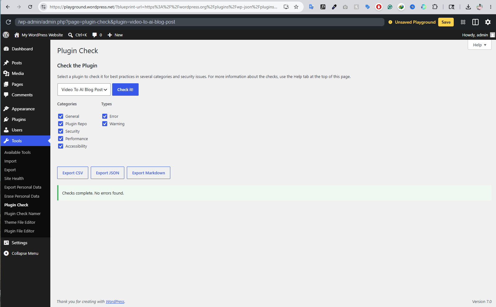 Video To AI Blog Post passes the official WordPress Plugin Check with zero errors and zero warnings